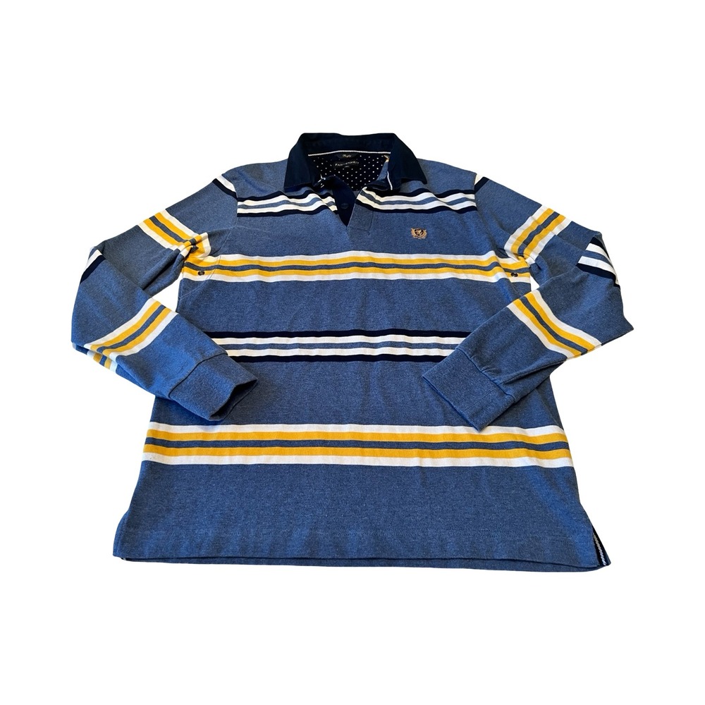Fahrenheit Kids Long Sleeve Rugby Shirt Blue Yellow Striped Polo XL Crest Logo